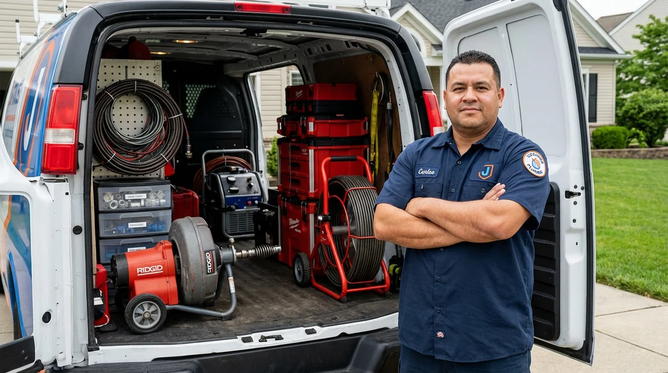 Professional drain cleaning equipment and Johns Plumbing LLC plumber in Poth