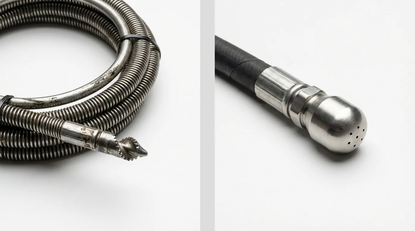 Drain snake cable and hydro jetting nozzle used for drain cleaning in Poth, TX