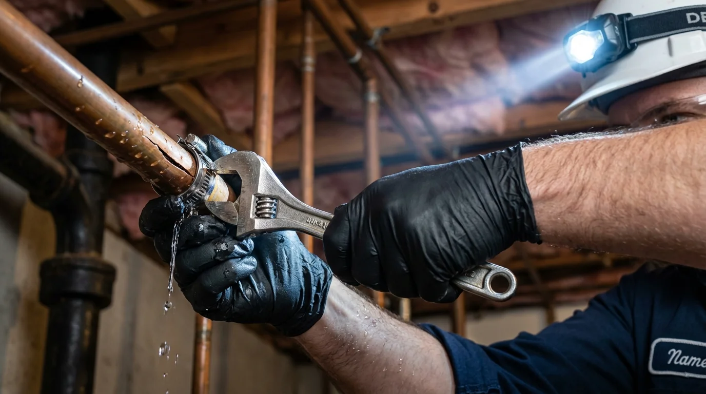 Emergency pipe clamp repair being performed by a Johns Plumbing LLC plumber in Poth