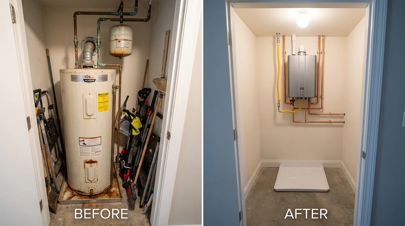 Tank water heater versus wall-mounted tankless unit comparison for Poth, TX homeowners