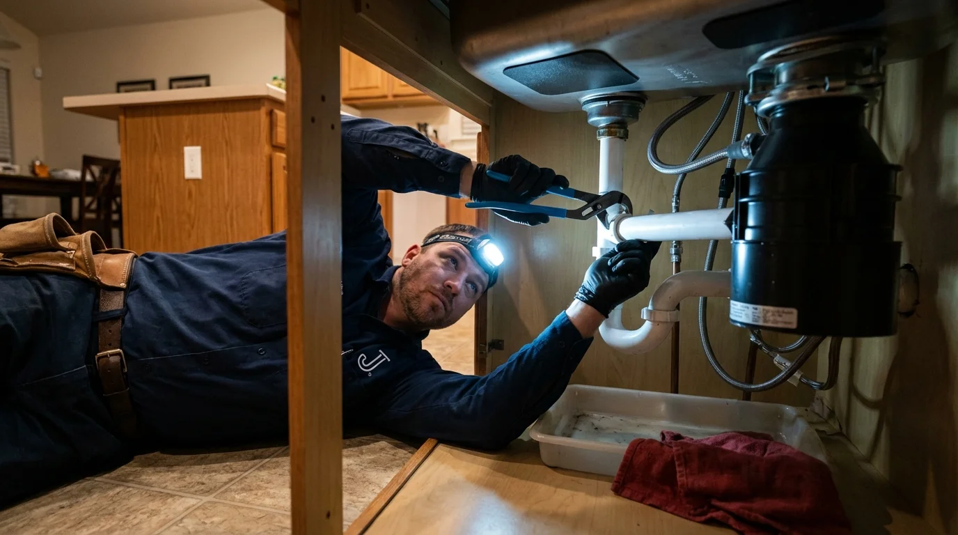 P-trap and supply line connections under a kitchen sink showing a common leak point in Poth, TX